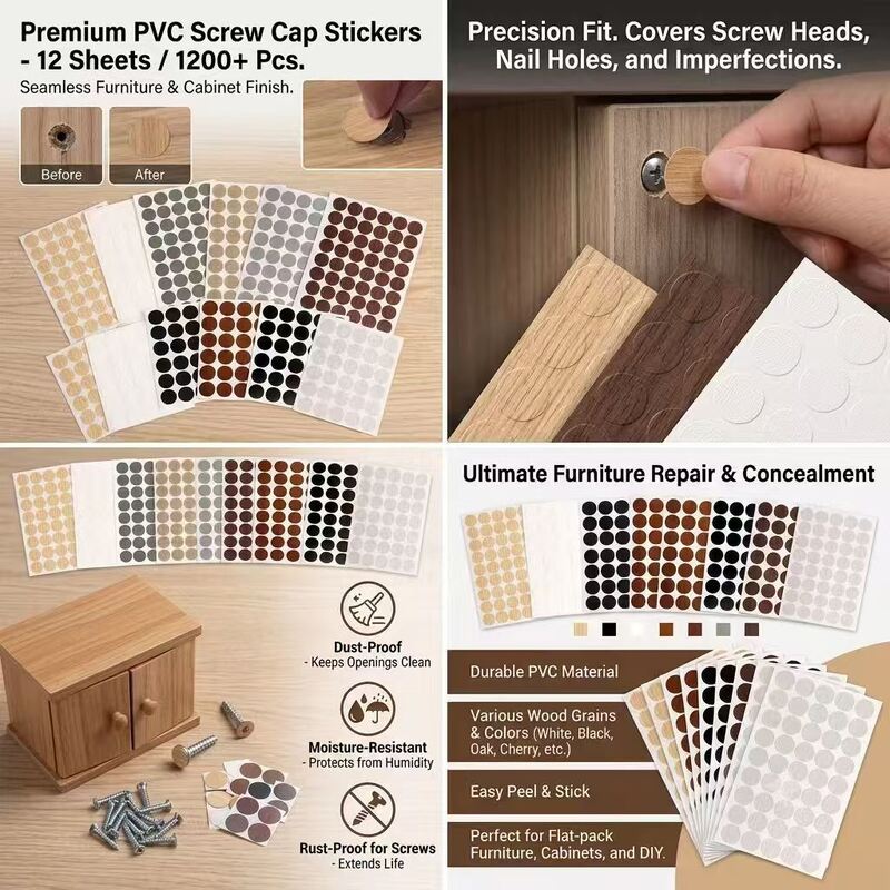 Self-Adhesive Waterproof PVC Screw Hole Cover with Wood Grain Finish for Furniture Protection